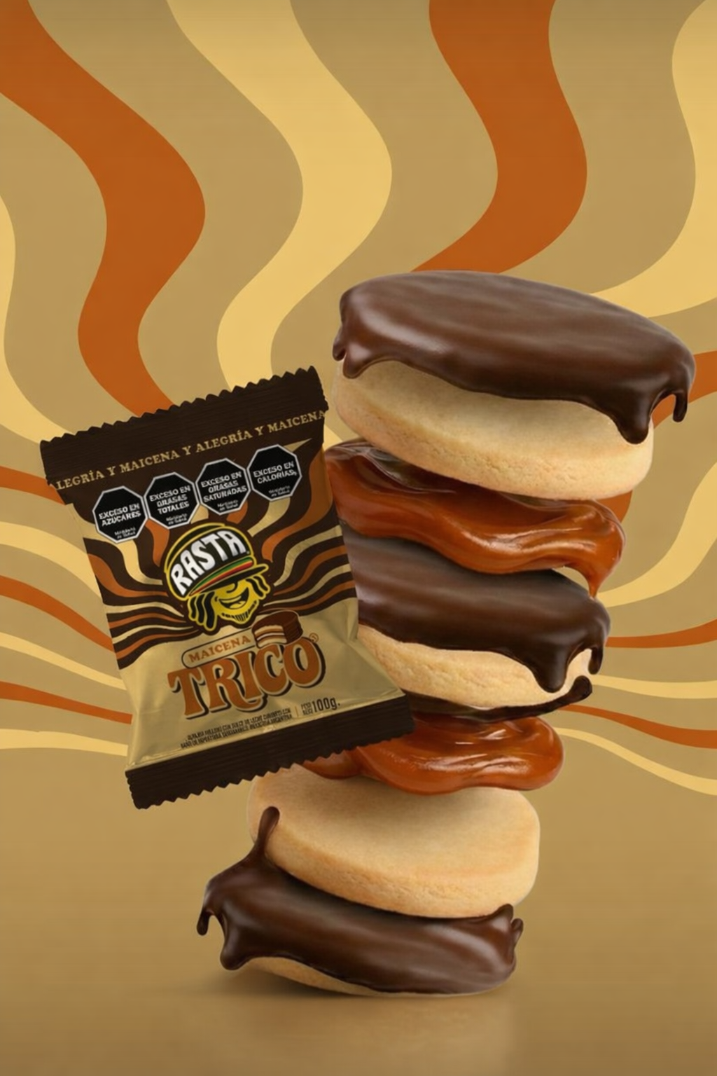 Rasta NEW Trico Triple Alfajor 100g | Cornstarch Triple Layer with Dulce de Leche & Dark Chocolate