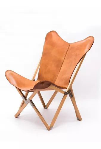 Premium Leather and Wood Three Legged Foldable Chair.
