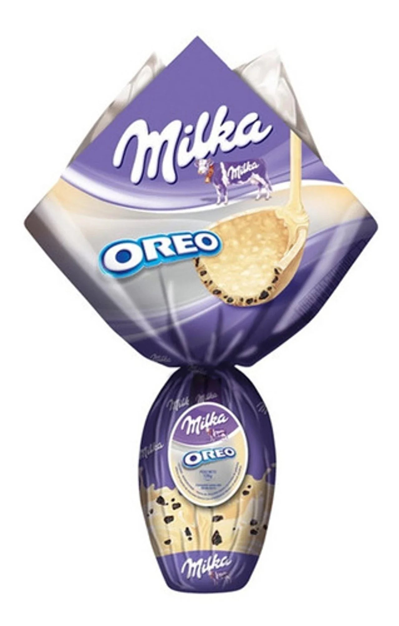 Milka Oreo Easter Egg 156g - Milk chocolate Easter egg with Oreo pieces inside.