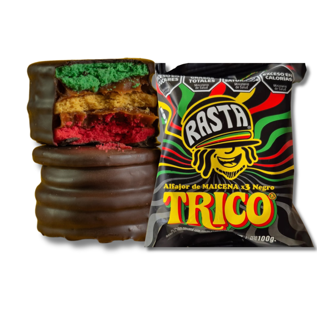 Rasta Trico Triple Alfajor – Dark Chocolate Covered Cornstarch Filled with Dulce de Leche (Box of 14u.)