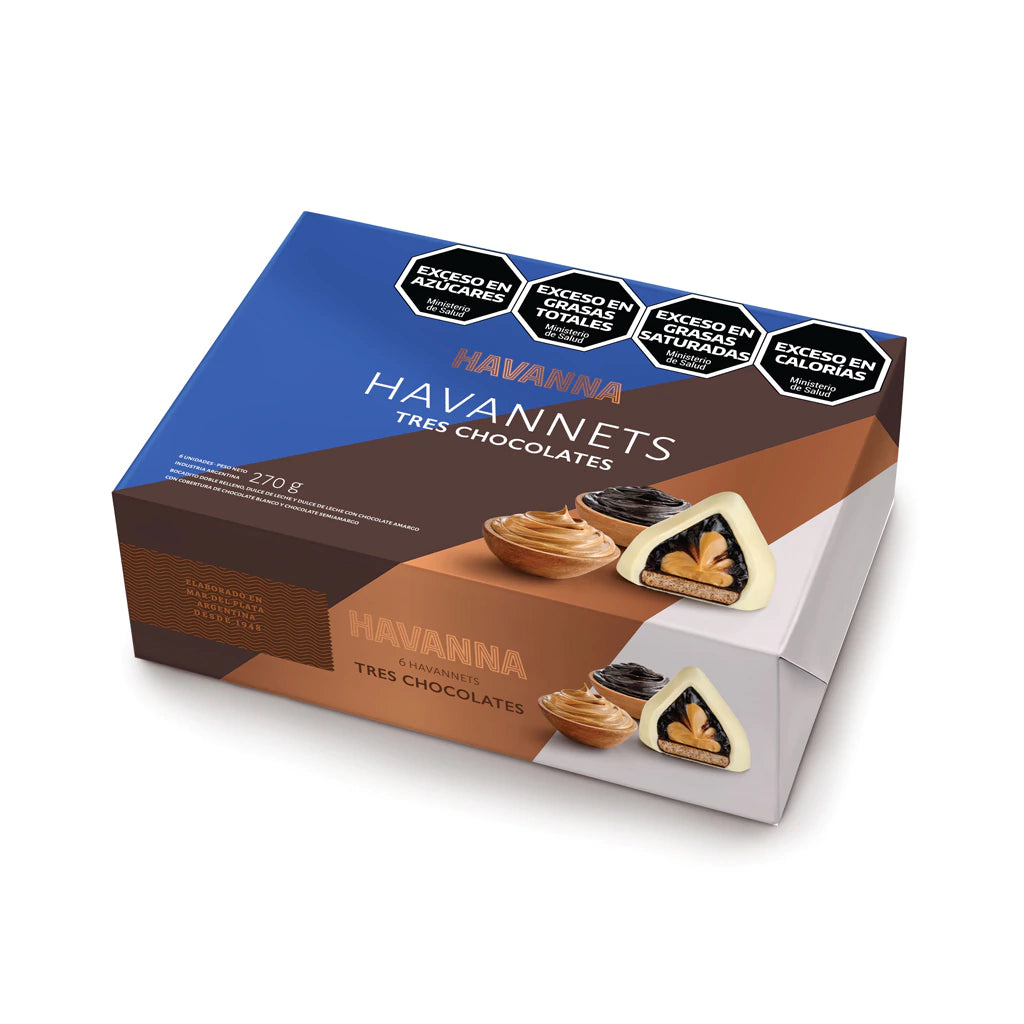 Box of Havannets chocolate truffles with blue and brown design on a white background