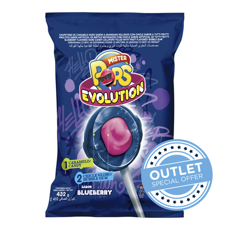 Arcor Mister Pops Evolution Blueberry Flavored Lollipops Filled With Tutti Frutti Bubblegum (Bag of 24) 432 g / 15.2 oz