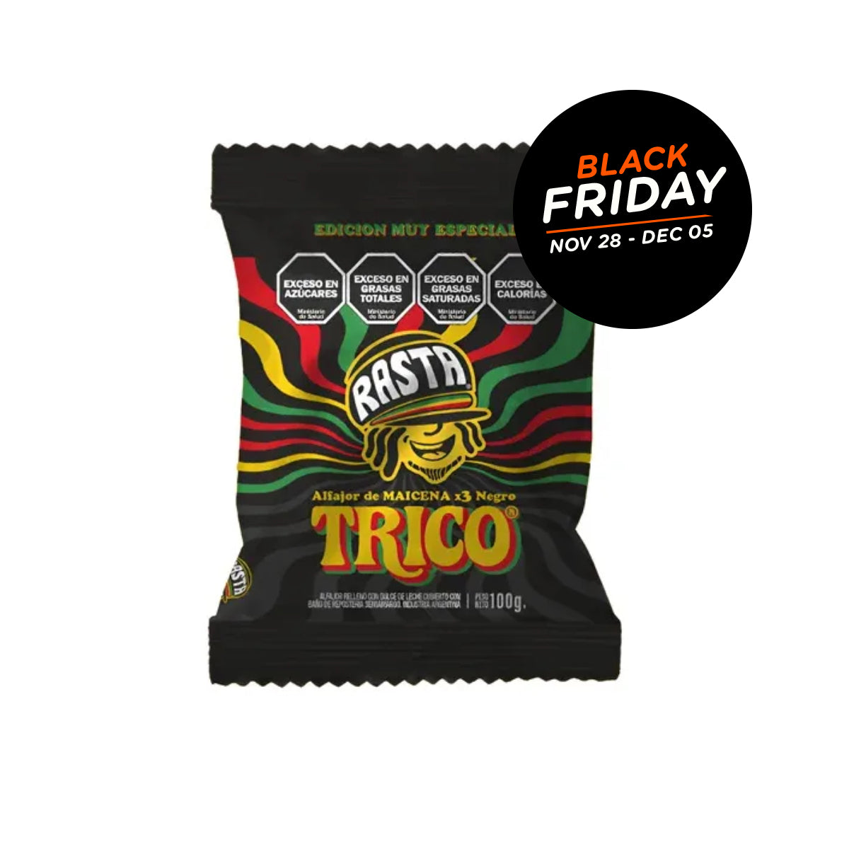 Black Friday Rasta Trico Triple Alfajor – Dark Chocolate Covered Cornstarch Filled with Dulce de Leche 100g / 0.22lb