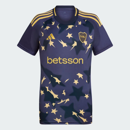 Boca Juniors 24/25 Women’s Third Jersey – Front view with vibrant star pattern and blue accents