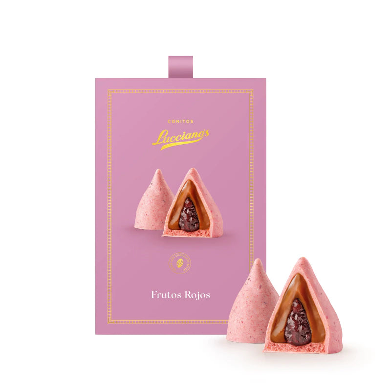 Lucciano’s Belgian White Chocolate Conitos – Dulce de Leche Filled with Red Berry Heart – 6u. 270g /0.59 lb