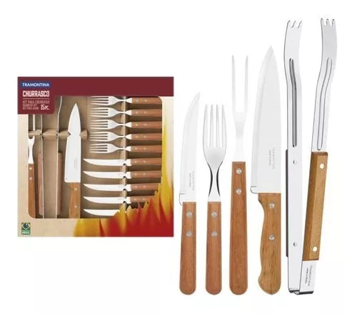 Stainless Steel and Wood Full BBQ Set - Tramontina Kit de Asado.