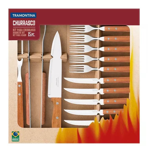Stainless Steel and Wood Full BBQ Set - Tramontina Kit de Asado.