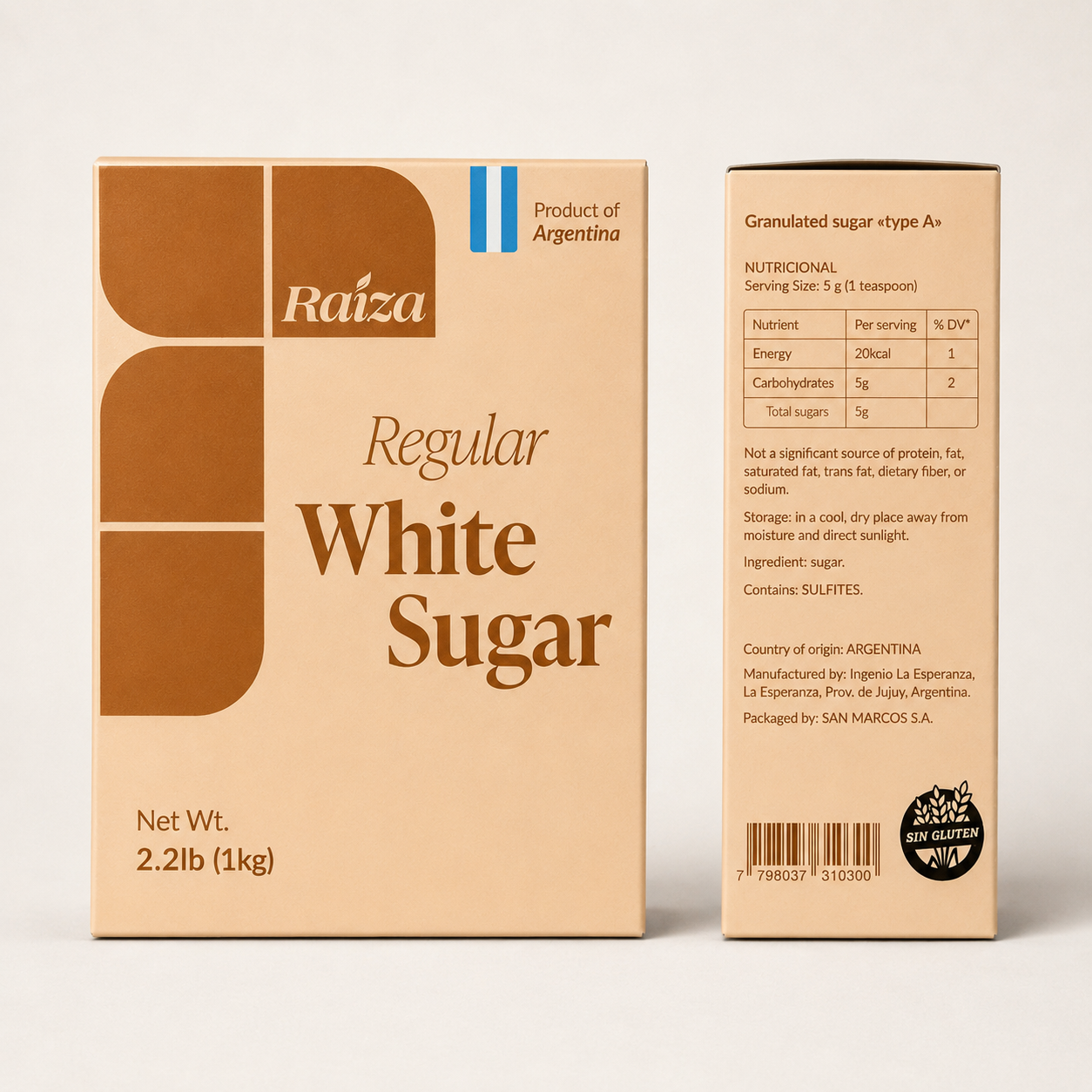 RAIZA White Cane Sugar – Grown in Jujuy, Argentina – 1 kg (2.2 lb)