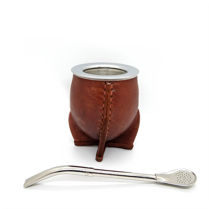 Brown Bocón Mate with Stainless Steel Interior, Leather Cover & Pico de Loro Bombilla