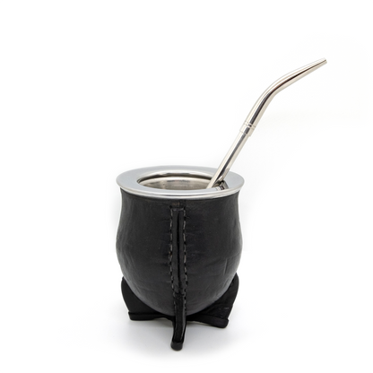 Black Bocón Mate with Stainless Steel Interior, Leather Cover & Pico de Loro Bombilla