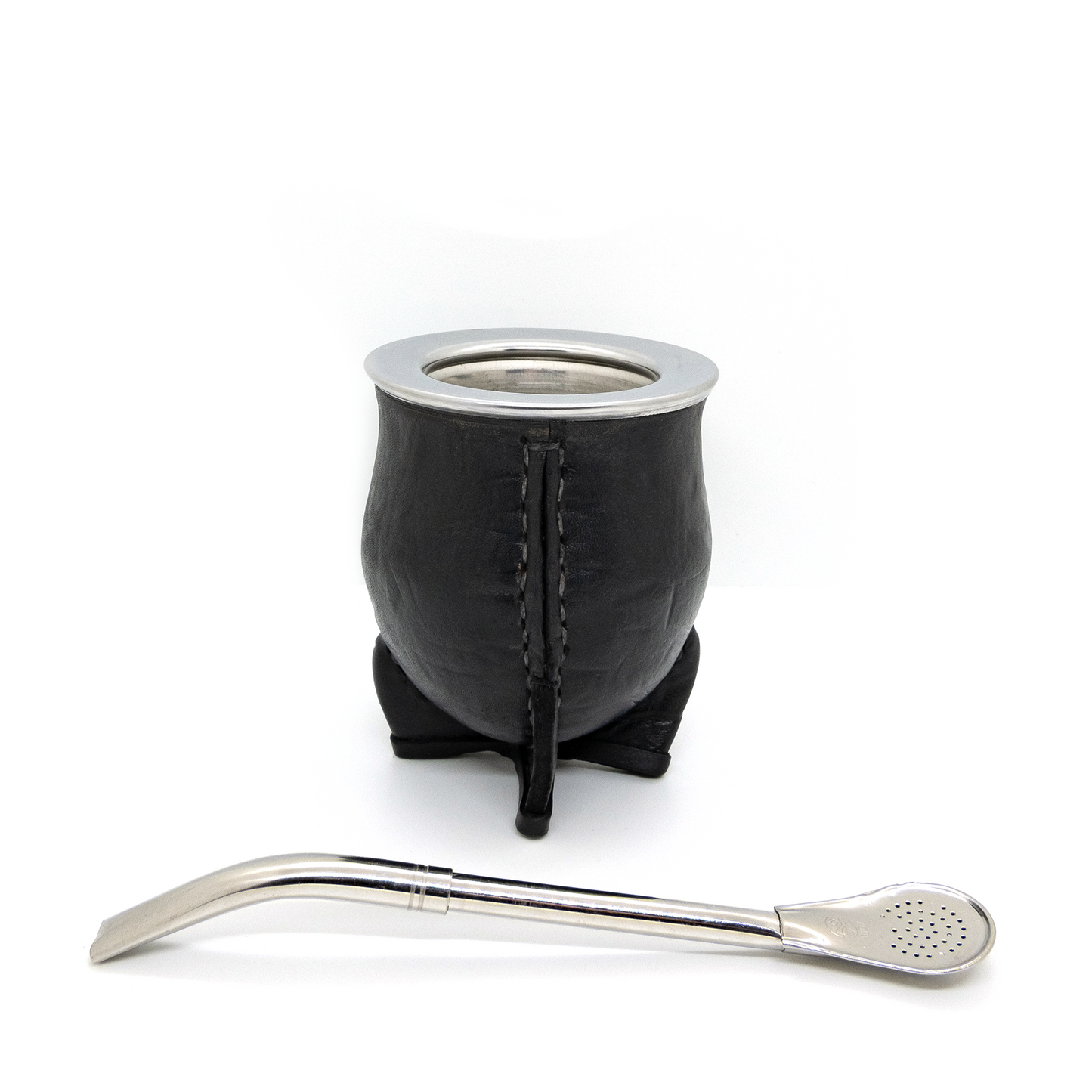 Black Bocón Mate with Stainless Steel Interior, Leather Cover & Pico de Loro Bombilla