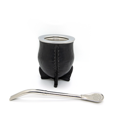 Black Bocón Mate with Stainless Steel Interior, Leather Cover & Pico de Loro Bombilla