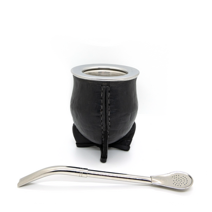 Black Bocón Mate with Stainless Steel Interior, Leather Cover & Pico de Loro Bombilla