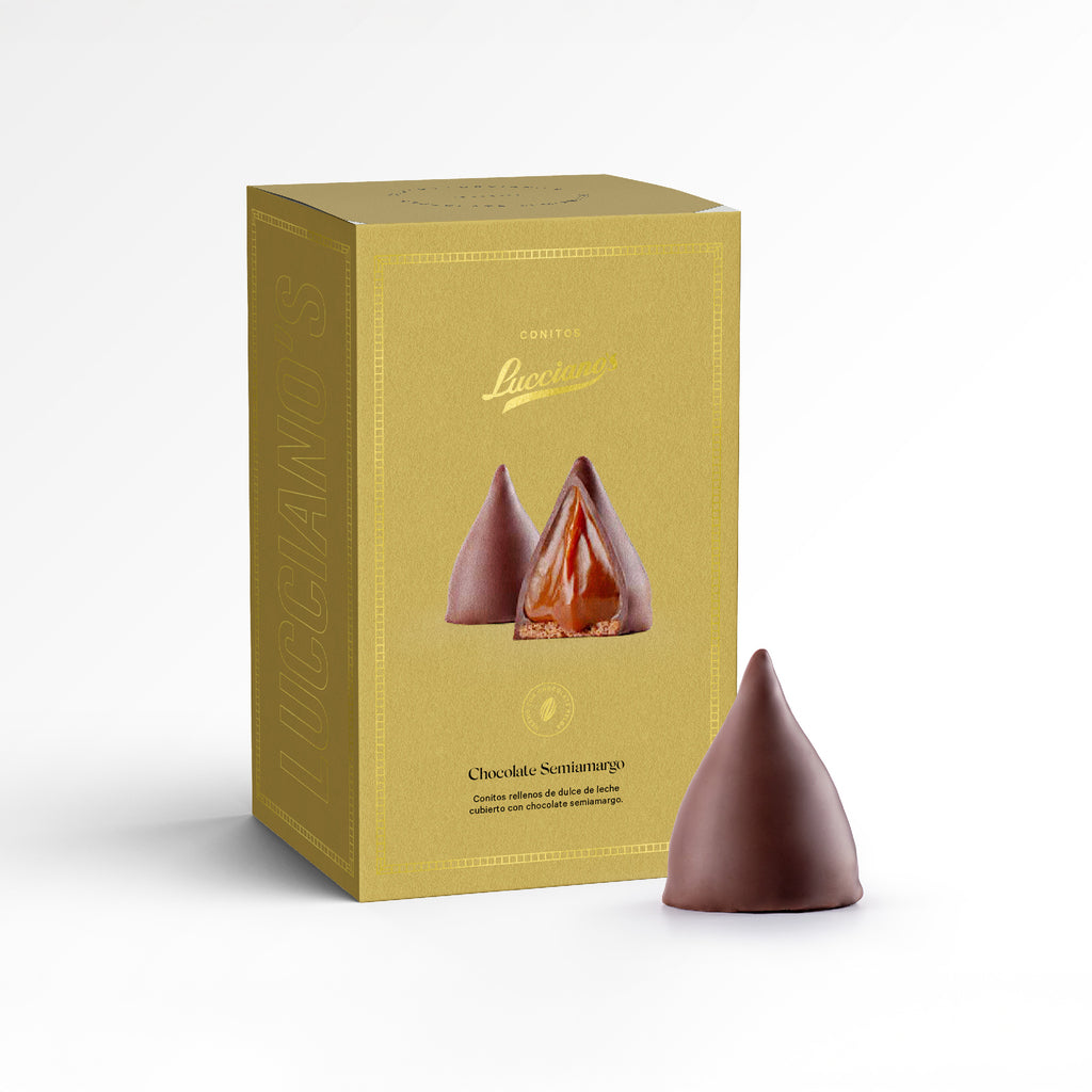 Lucciano’s Bittersweet Dark Chocolate Conitos – Dulce de Leche Filled Cone Cookies 6u. 270g/0.59lb