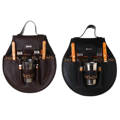 Estuche doble redondo para barbacoa, de piel ecológica marrón