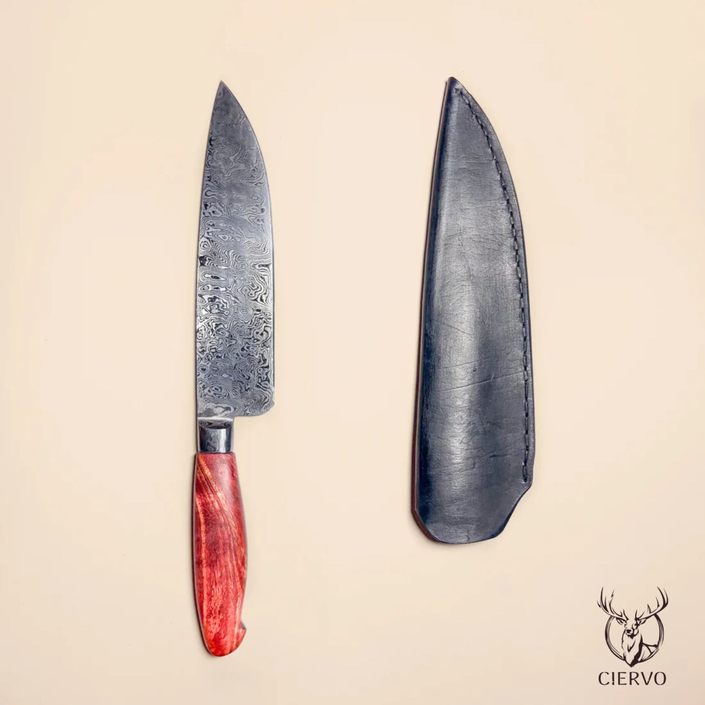 Ciervo Damascus Steel Field Knife in Red Plátano Wood