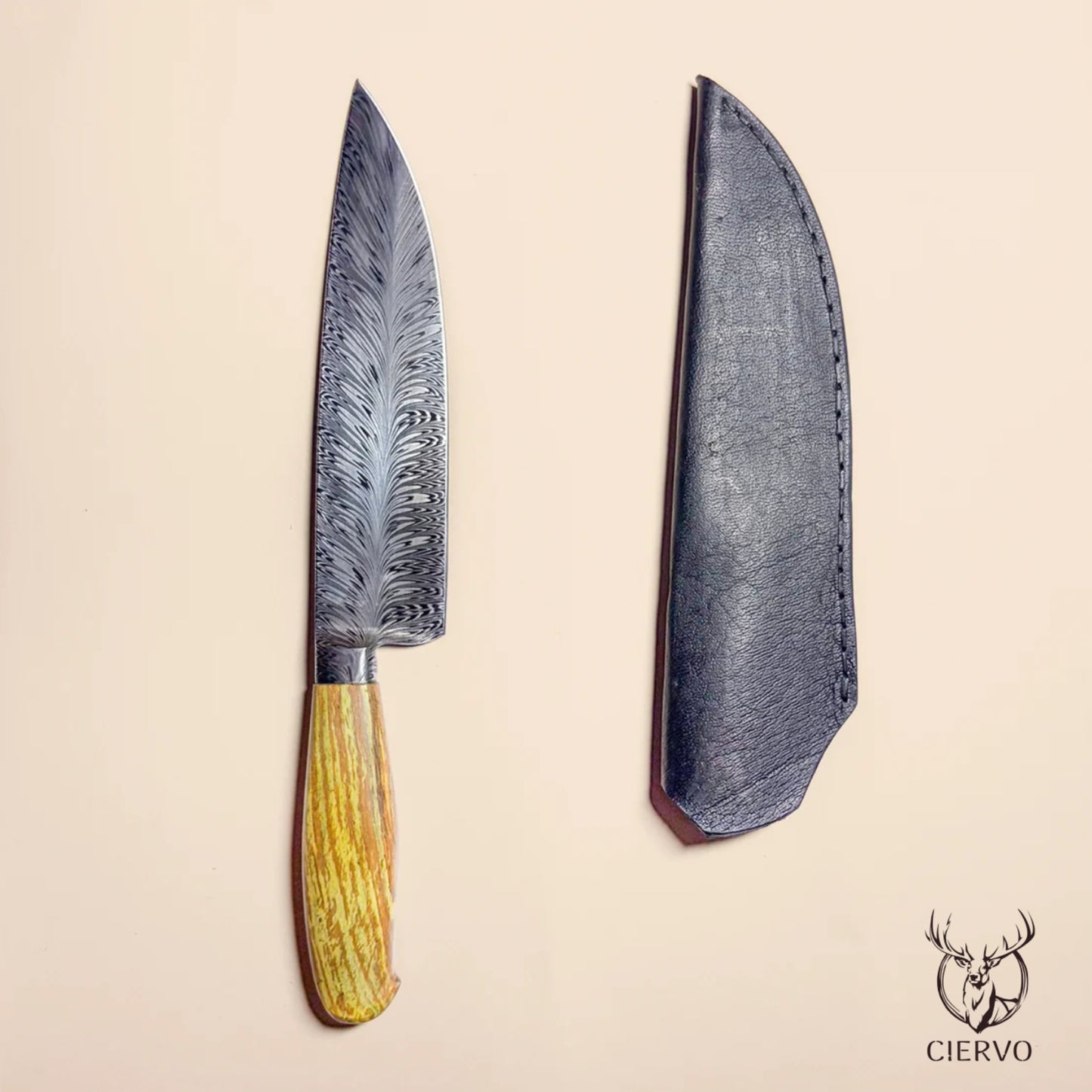 Ciervo Damascus Steel Field Knife in Green Plátano Wood