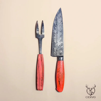 Ciervo Damascus Steel BBQ Carving Set – Red Plátano Wood Handles (Knife & Fork)