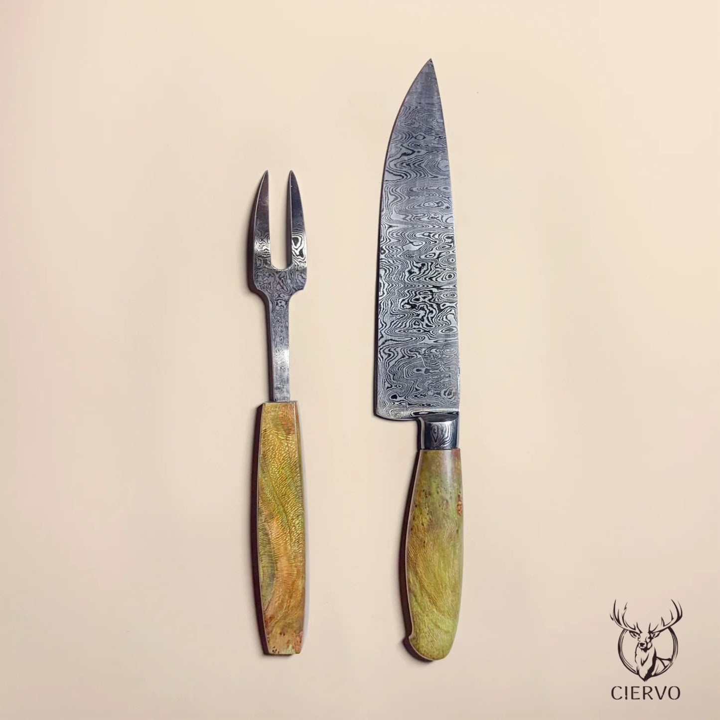 Ciervo Damascus Steel BBQ Carving Set – Green Plátano Wood Handles (Knife & Fork)