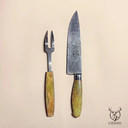 Ciervo Damascus Steel BBQ Carving Set – Green Plátano Wood Handles (Knife & Fork)