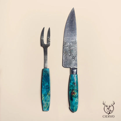 Ciervo Damascus Steel BBQ Carving Set – Blue Plátano Wood Handles (Knife & Fork)