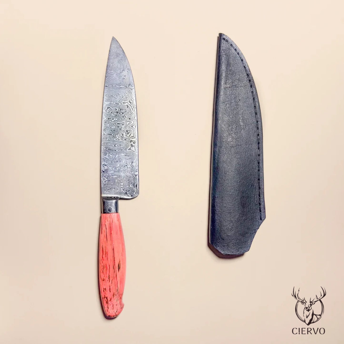 Ciervo Damascus Steel Field Knife in Orange Plátano Wood