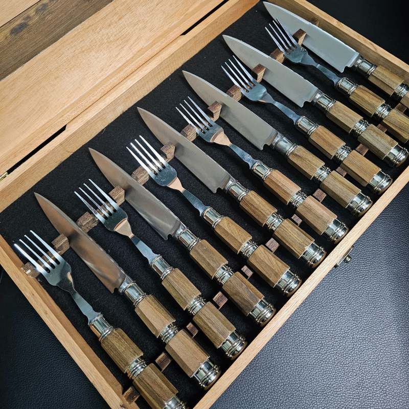 Exclusive Octagonal Wood Cutlery Set with Triple Alpaca Ferrule - Handcrafted Argentine Artistry