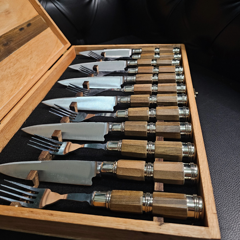 Exclusive Octagonal Wood Cutlery Set with Triple Alpaca Ferrule - Handcrafted Argentine Artistry