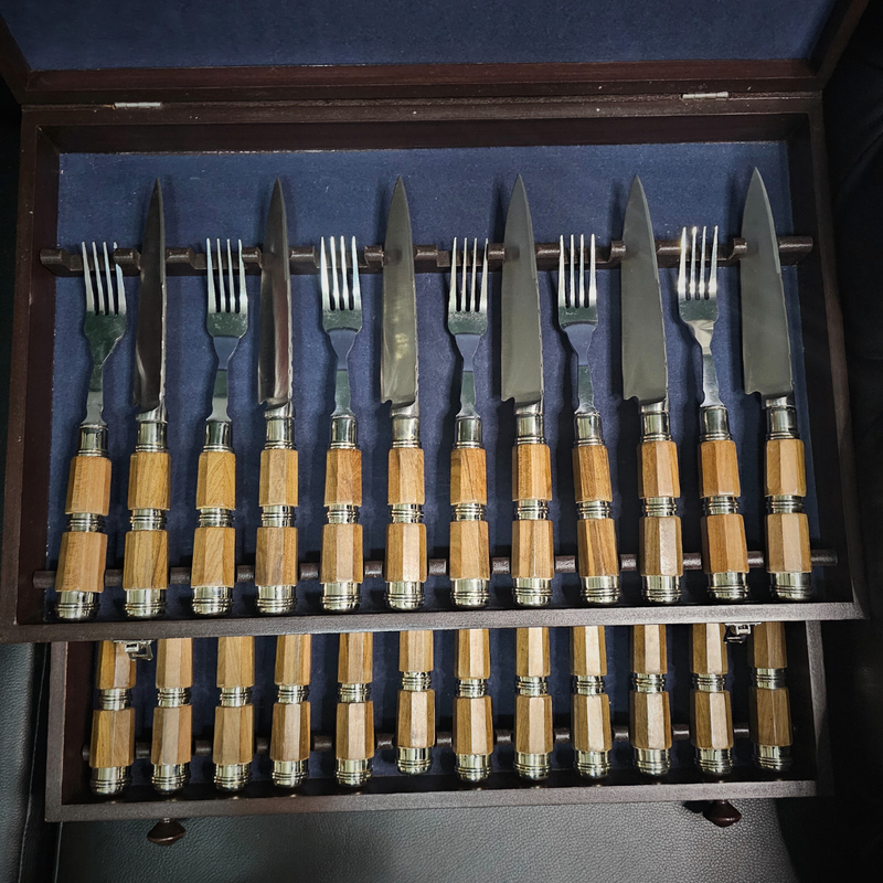 Exclusive Octagonal Wood Cutlery Set with Triple Alpaca Ferrule - Handcrafted Argentine Artistry