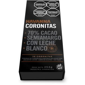 Havanna Coronitas 70% Cacao Milk Chocolate Bombones Bites Dark & White Chocolate Bites Filled with Dulce de Leche - Gift Box, 254 g / 8.95 oz (20 units)