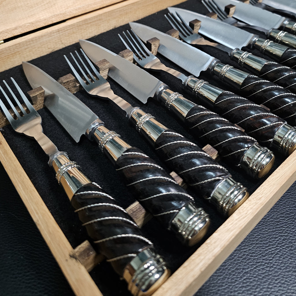 Exclusive Black Glossy Grooved Wood Cutlery Set with Double Alpaca - Handcrafted Argentine Artistry