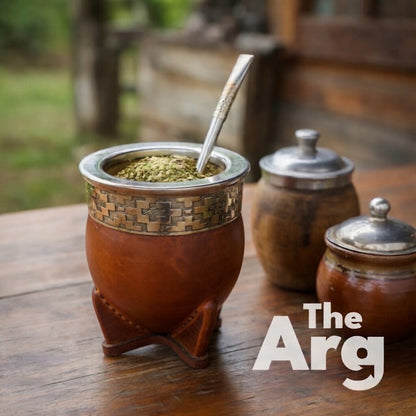 Imperial Pampa Brown Leather Mate with Alpaca Rim & Steel Straw | Premium Argentine Gourd Set