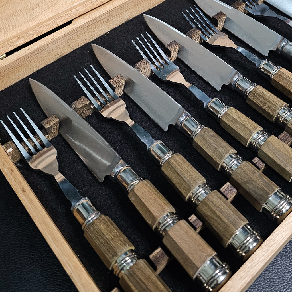 Exclusive Octagonal Wood Cutlery Set with Triple Alpaca Ferrule - Handcrafted Argentine Artistry