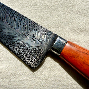 Ciervo Damascus Steel Field Knife in Orange Plátano Wood