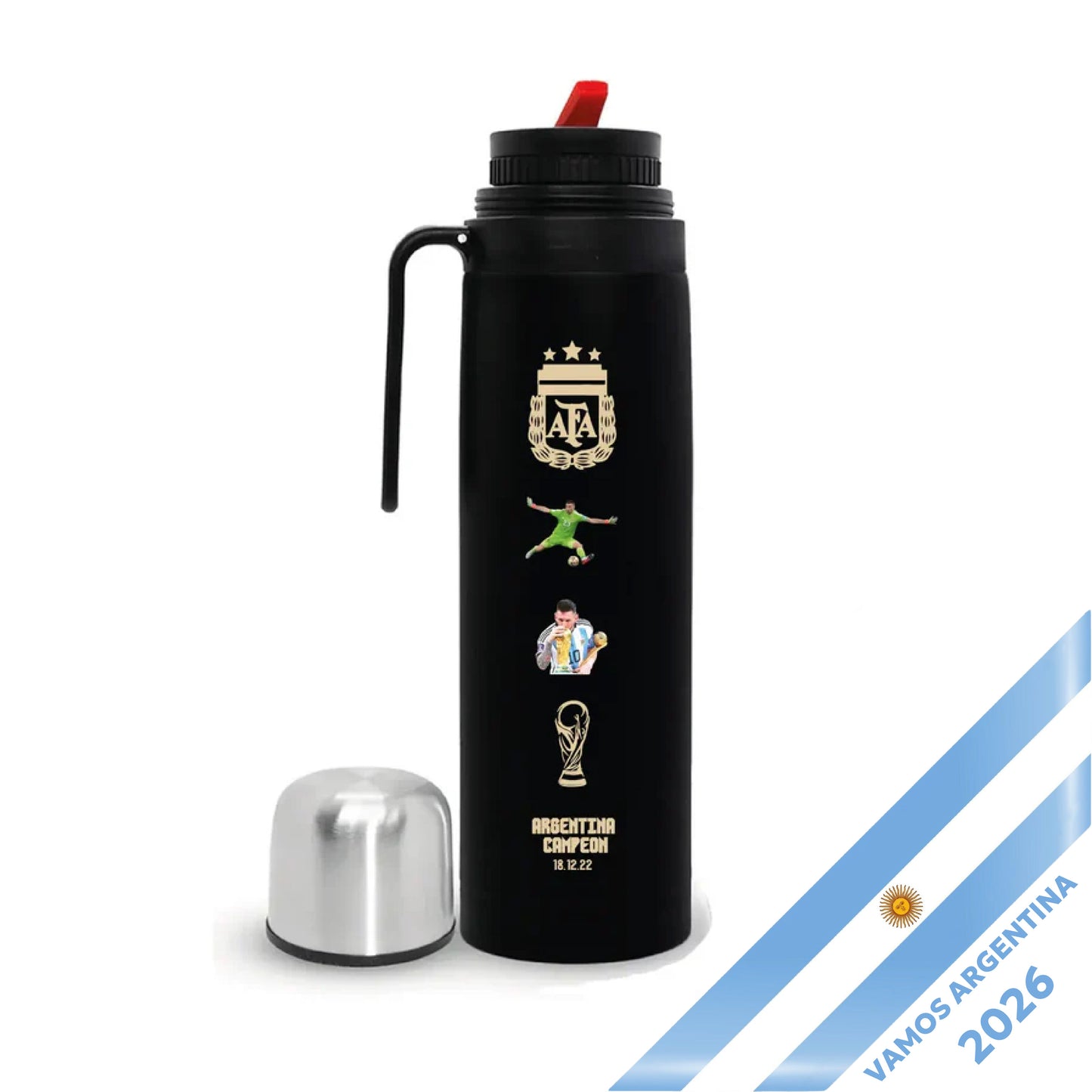 Black Steel Thermos with Half-Handle | Messi & Dibu Design