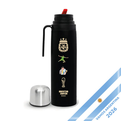 Black Steel Thermos with Half-Handle | Messi & Dibu Design