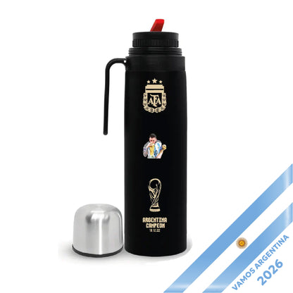 Black Steel Thermos with Half-Handle Featuring Messi Design