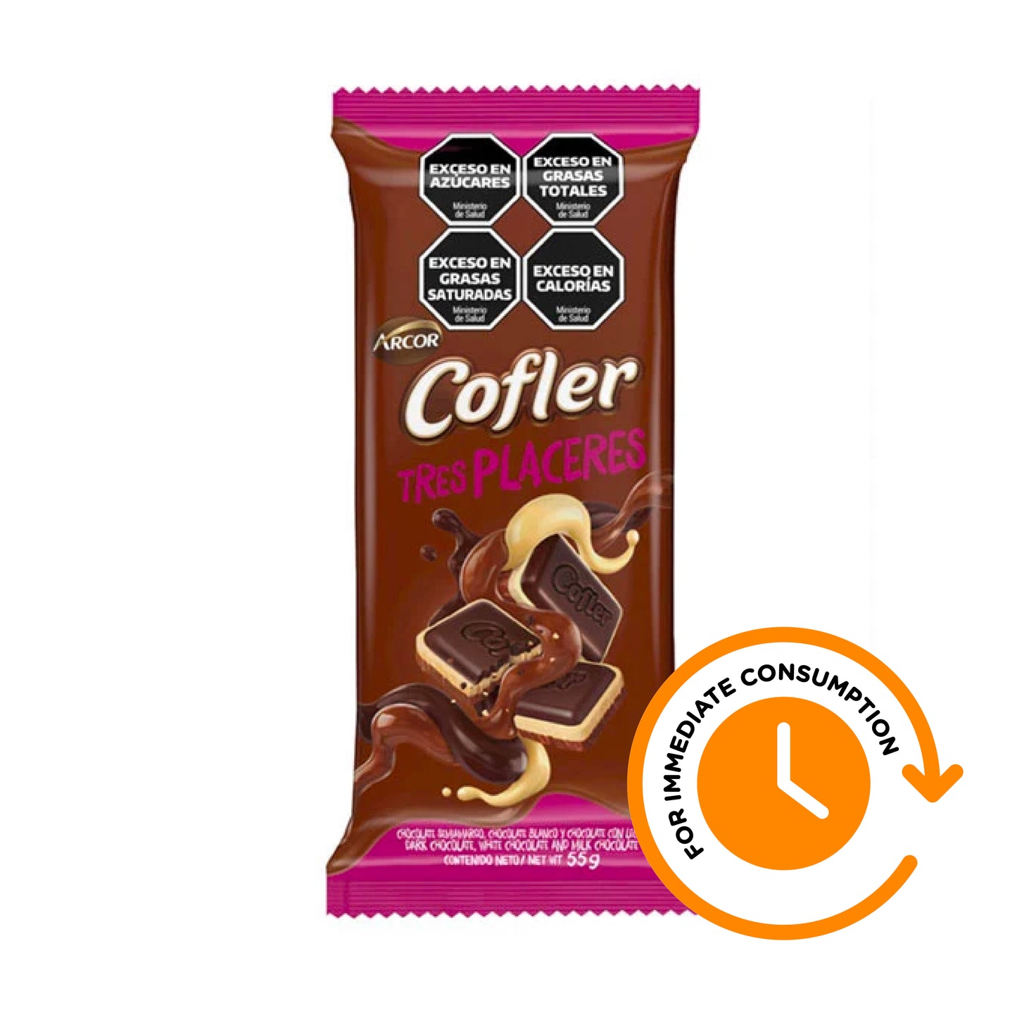 Arcor Cofler 3 Placeres Chocolate con Leche, Semidulce y Blanco 55 g / 1.9 oz