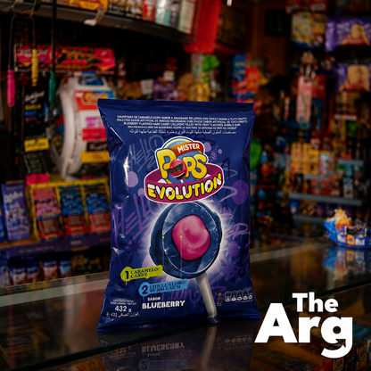 Arcor Mister Pops Evolution Blueberry Lollipops with Tutti Frutti Bubblegum | Bag of 24 – 432g / 15.2oz