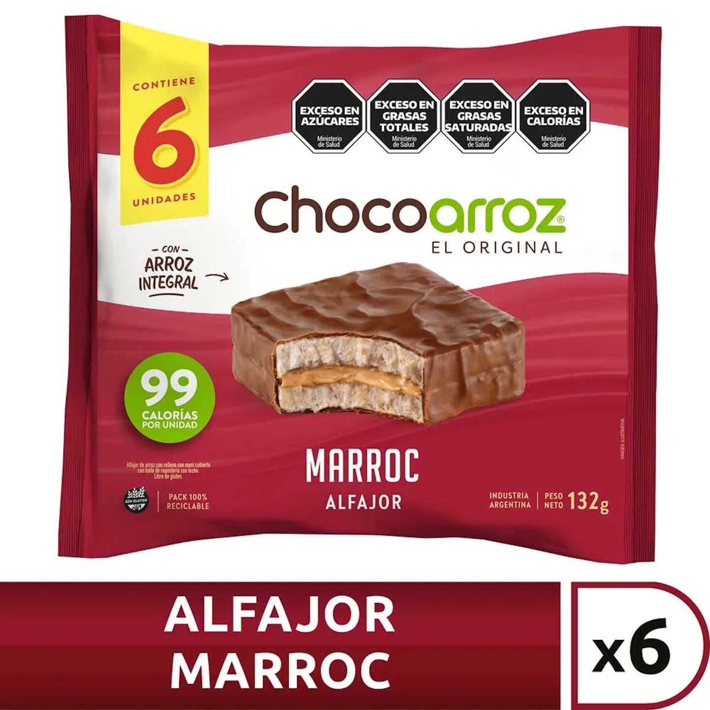 Chocoarroz Marroc Rice Alfajor \ Gluten-Free Argentine Chocolate Alfajor 6 x 22g