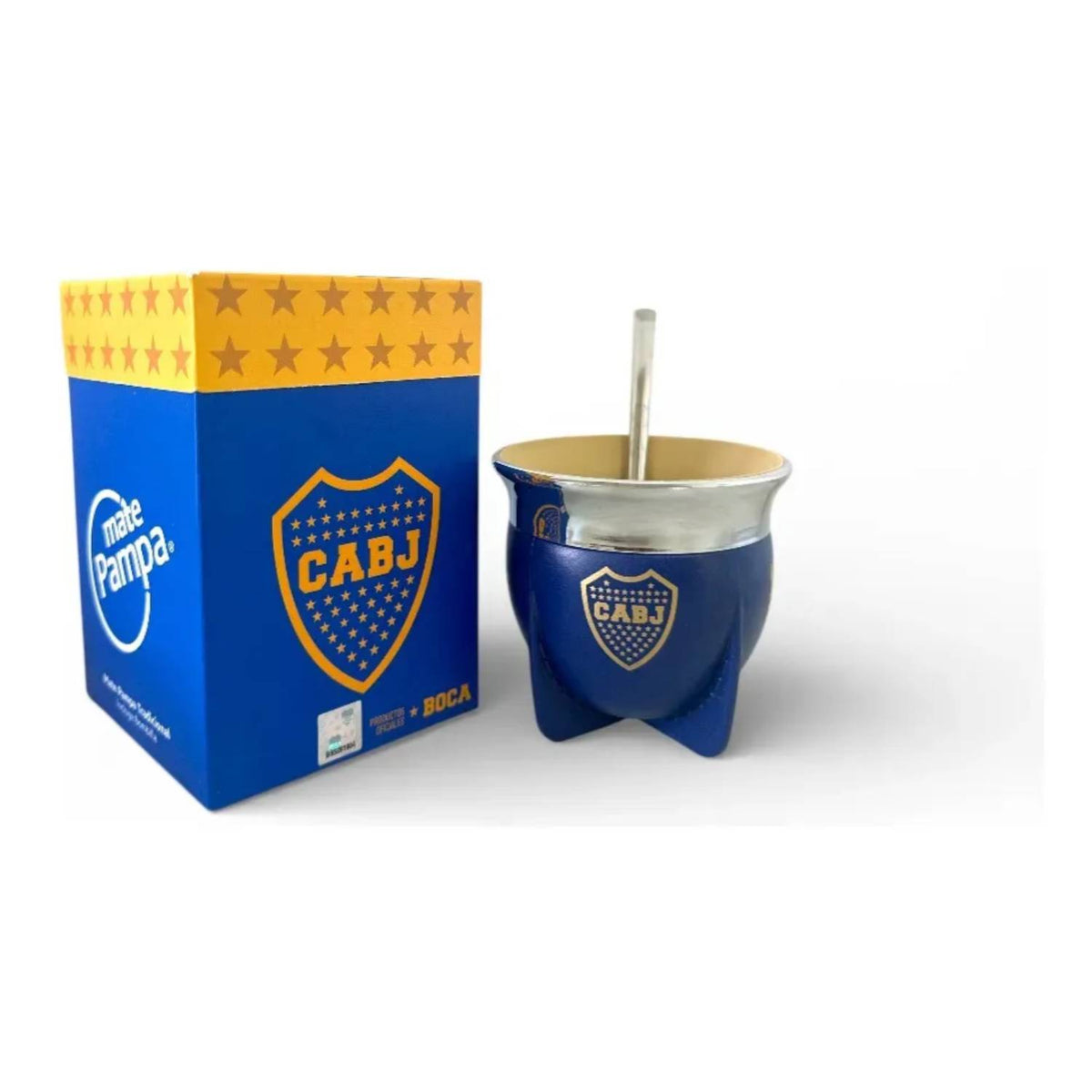 Traditional Boca Juniors Pampa Mate with Open Mouth & Blue Bombilla