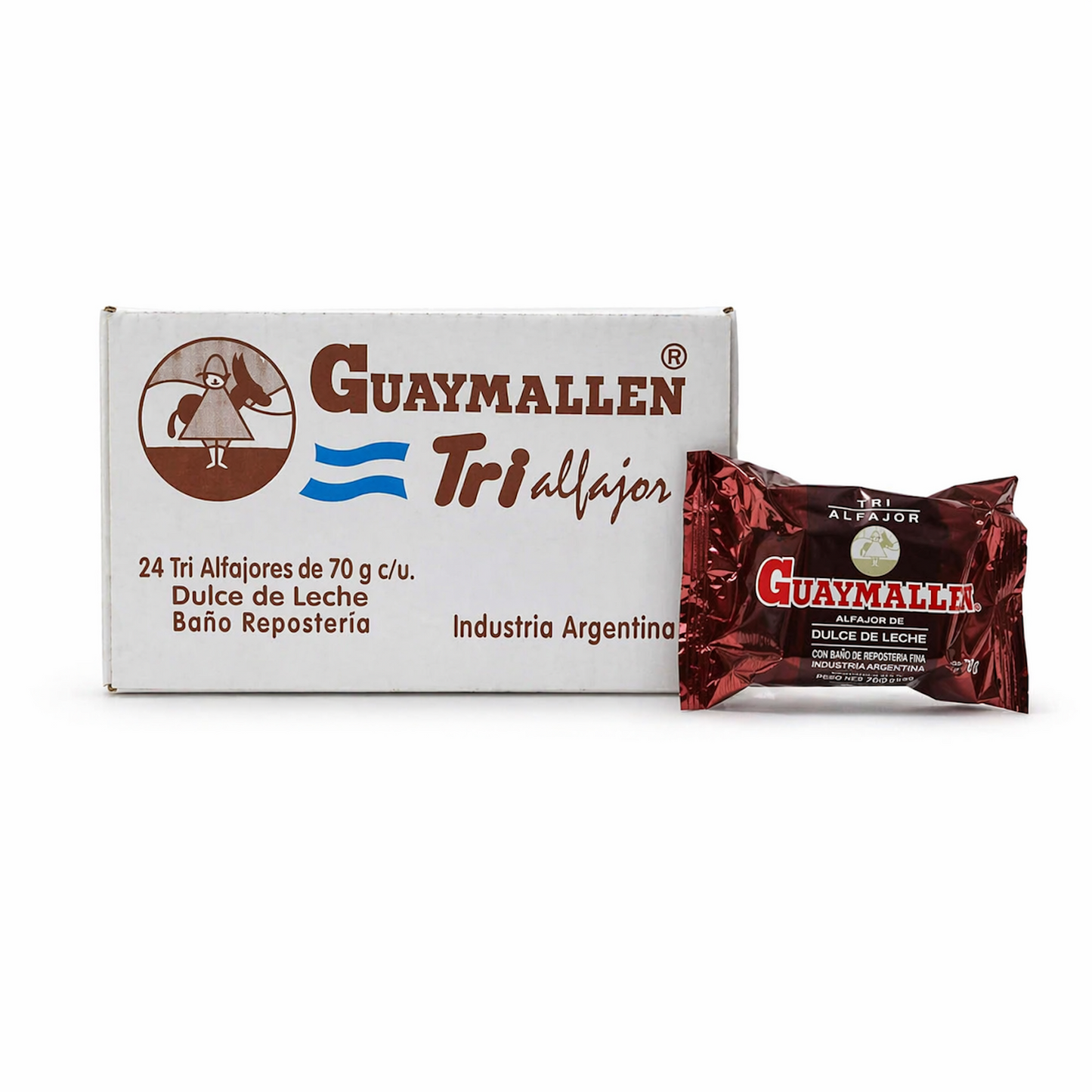 Guaymallén Triple Alfajor Milk Chocolate with Dulce de Leche 70g (Box of 24 Units)