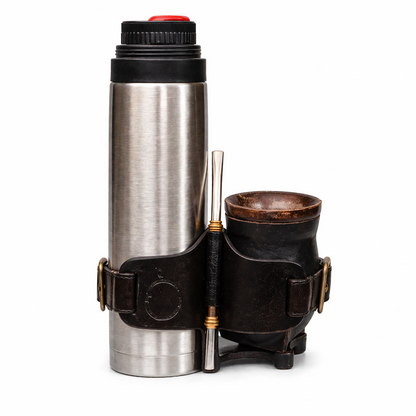 Brown Leather Thermos & Mate Holder Set | Artisanal Mate Carry Set