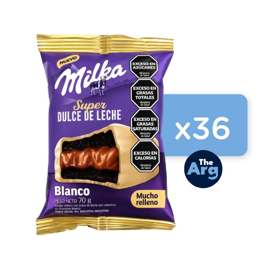 Milka Super Dulce de Leche Alfajor White Chocolate Covered – 36 Count Pack Argentine Cookies 70g Each