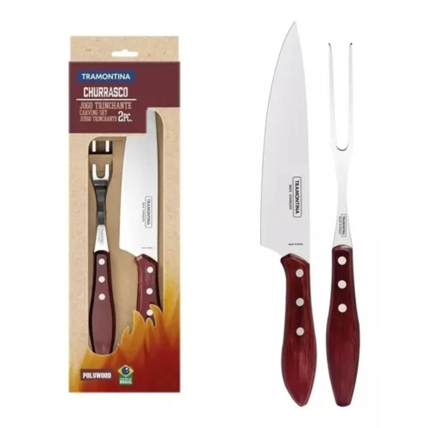 Tramontina Polywood Stainless Steel and Wood Asado Knife & Fork Set