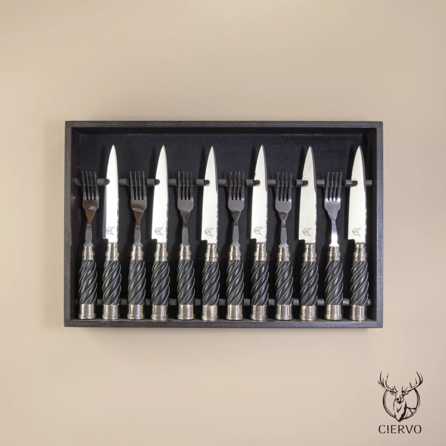 Matte Black Fluted Wood Handle with Double Alpaca and Thread Detailing of 12 pieces for 6 guests)