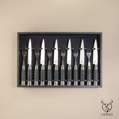 Matte Black Fluted Wood Handle with Double Alpaca and Thread Detailing of 12 pieces for 6 guests)