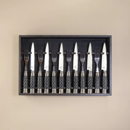 Matte Black Fluted Wood Handle with Double Alpaca and Thread Detailing of 12 pieces for 6 guests)