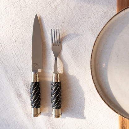 Matte Black Fluted Wood Handle with Double Alpaca and Thread Detailing of 12 pieces for 6 guests)