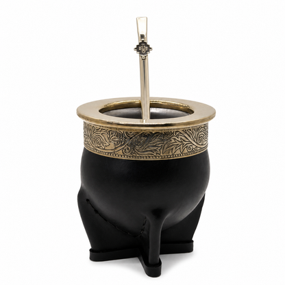 Black Imperial Steel Mate with Engraved Leaf Rim & Stainless Steel Bombilla